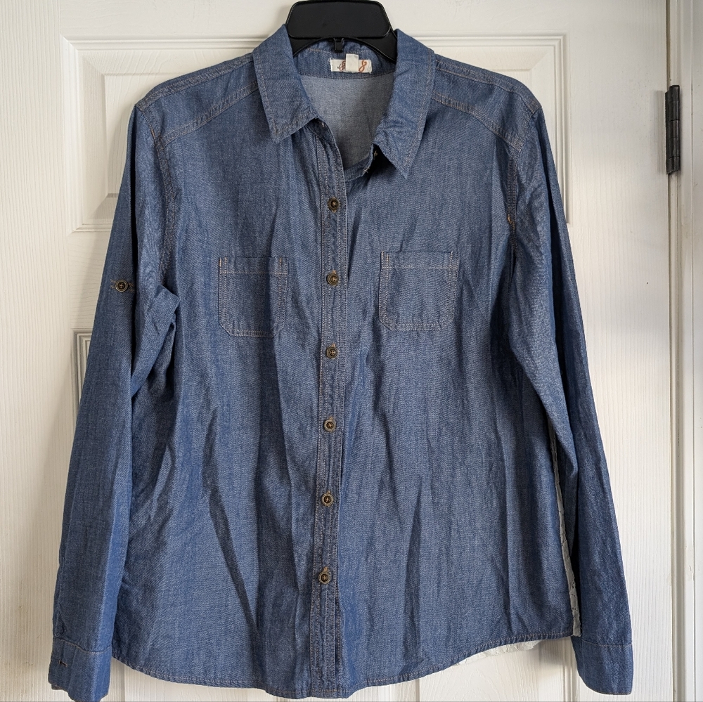 L8ter Casual Denim & Lace Button-Up Shirt Size L